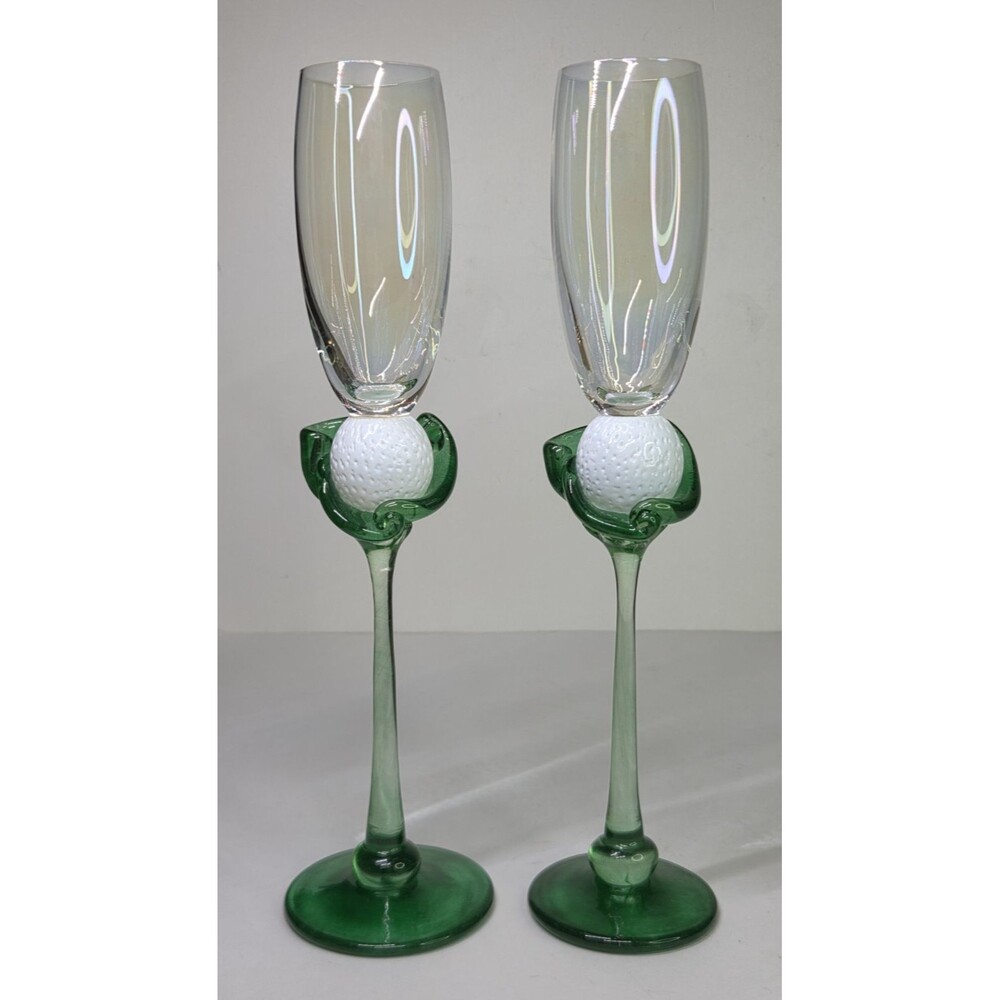 Pair Vintage Hand Blown Brioni Glass The Perfect Lie Champagne Flutes Golf Ball